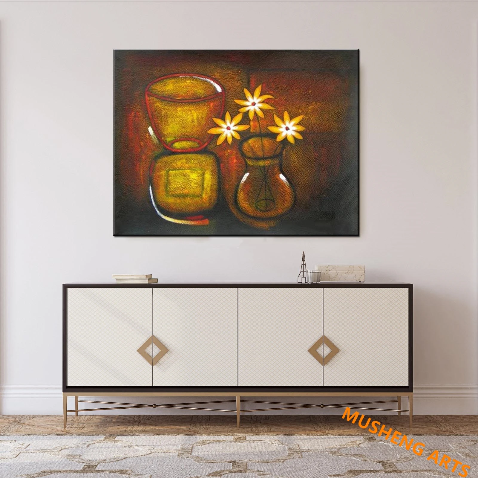 

Hand Painted Flower Oil Painting on Canvas Abstract Still Life Vase Wall Art for Porch and Living Room Decoration