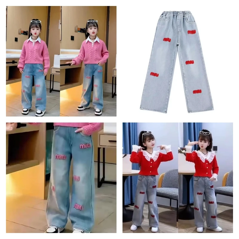 

Популярные джинсы Kawaii для девочек, модные студенческие весенне-осенние аниме, повседневные широкие джинсы с эластичной резинкой на талии, детская одежда
