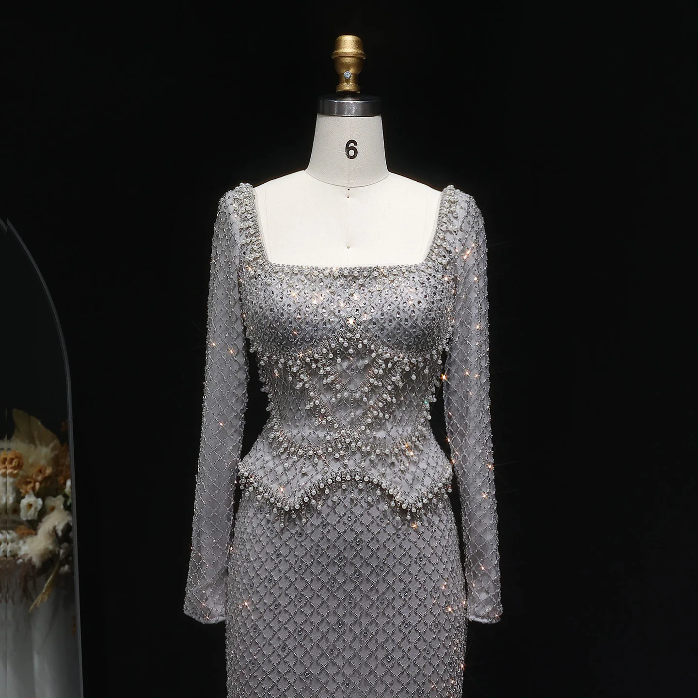 Sharon Said Luxury Dubai Gray Crystal Evening Dress with Long Sleeves Arabic Women Wedding Formal Party Gowns SS633 Customized image 3