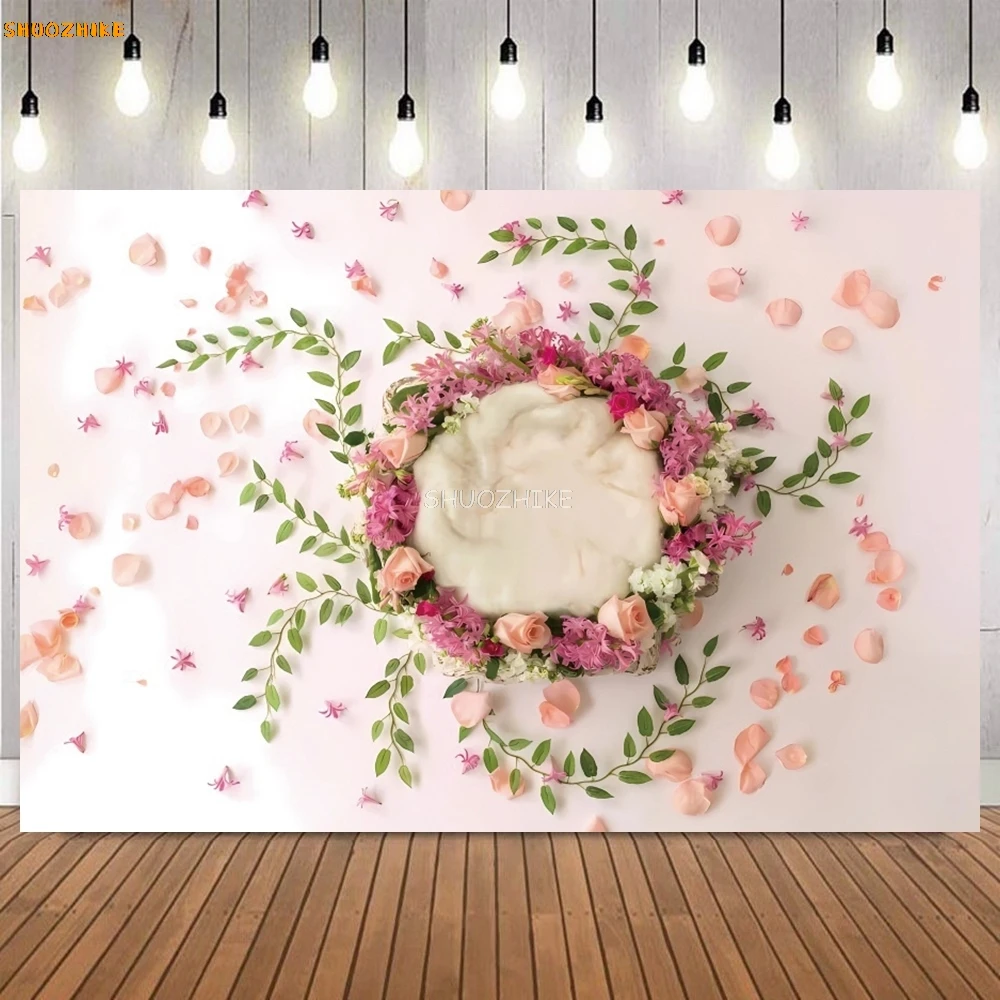 Sfondo fotografico per neonato, altalena floreale, pavimento in legno, decorazioni per feste di compleanno, banner, sfondo, studio fotografico