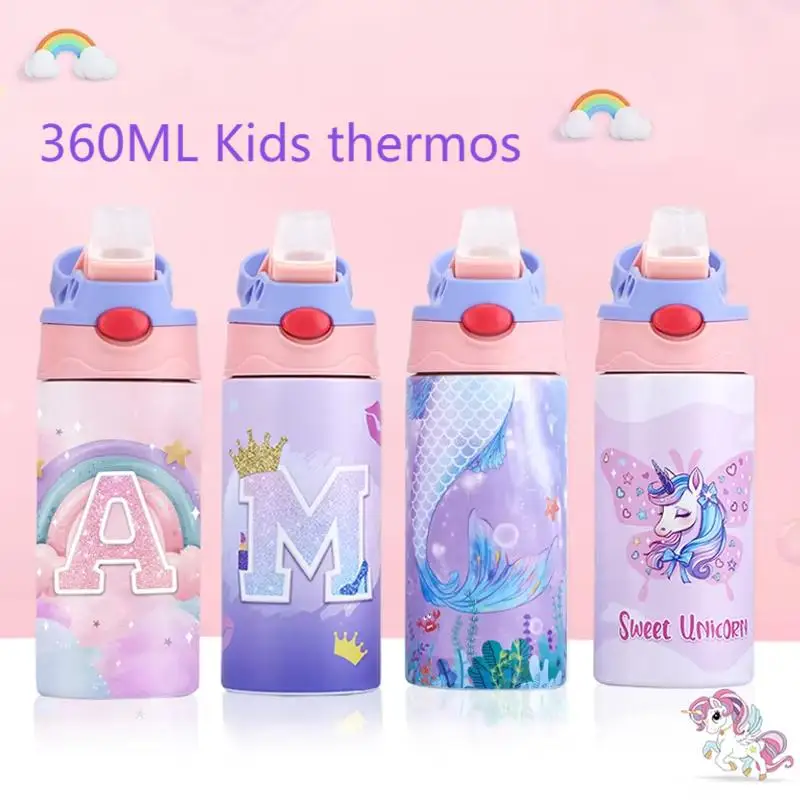 360ML Unicorn Kids Thermal Bottle BPA Free Cartoon Water Bottle Mermaid Leak Proof Tumbler Travel School Drinking Cup Drinkware