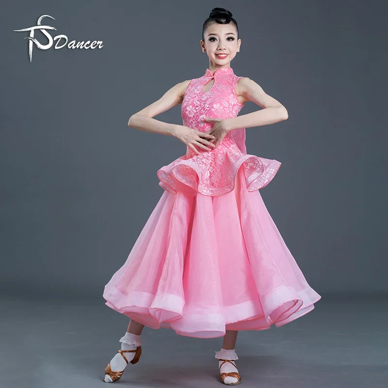 High end girl Latin dance competition dress, modern dance dress, children\'s waltz large skirt performance dress