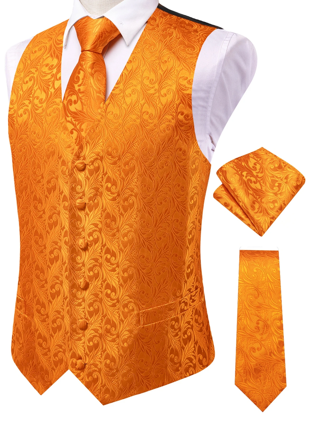 Orange Jacquard Vest Tie Pocket Square 3Pcs Set Men Formal Accessory For Wedding Business Party Daily Office Matching Outfit
