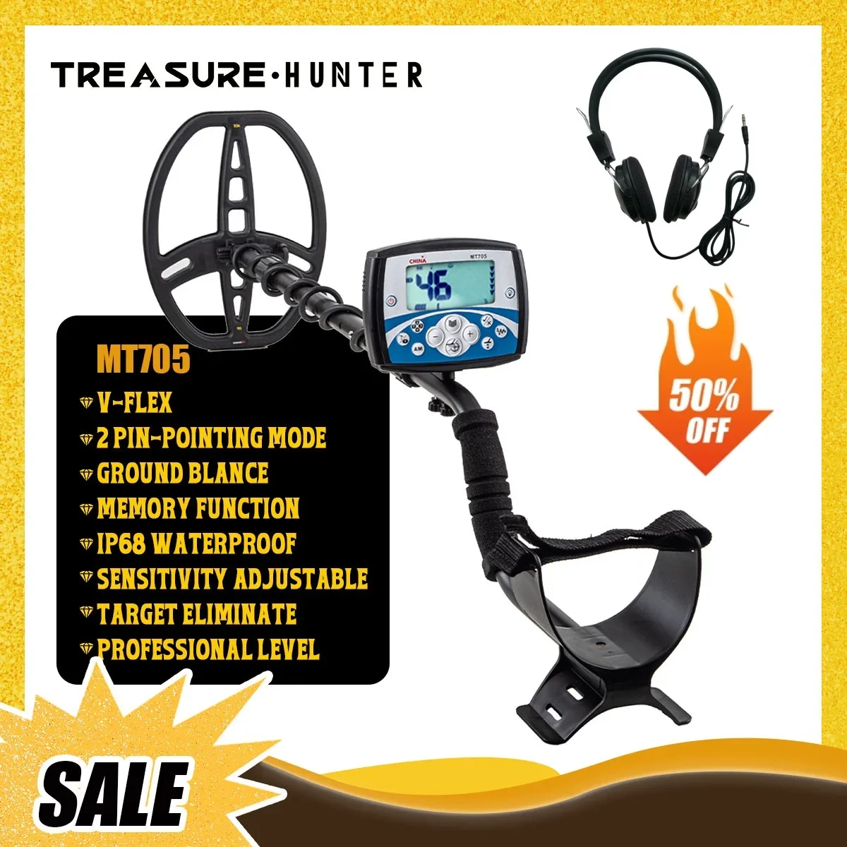 Treasure Hunter MT705 Professional Underground Metal Detector Scanner Metal Detecting IP68 Waterproof Pinpointer with Headphone