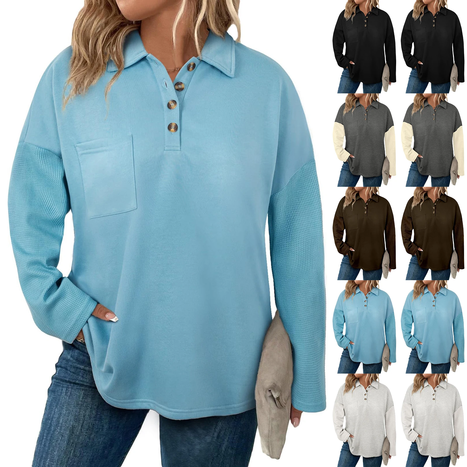 

Top Female Women Y2k Clothes Women'S Fashion Long Sleeve Plus Size Button V-Neck Check Patchwork Loose Sweatshirt Top New