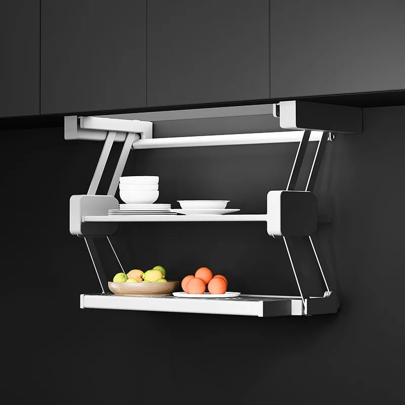 Foldable Retractable Under Cabinet Pull Down Prep Rack, 2-Layer Hanging Shelf for Kitchen Spice & Tableware Storage