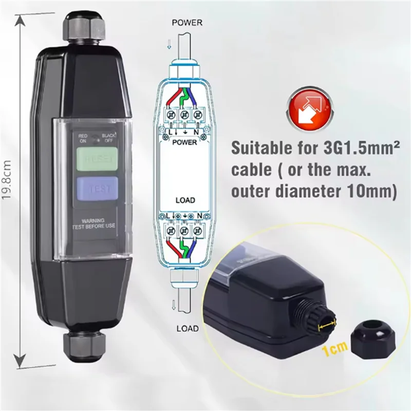 ABUI-2X موصل RCD مضمن، مفتاح أمان متوسط PRCD، حماية تيار متبقي 30 مللي أمبير مضاد للصدمات الكهربائية للأماكن الخارجية