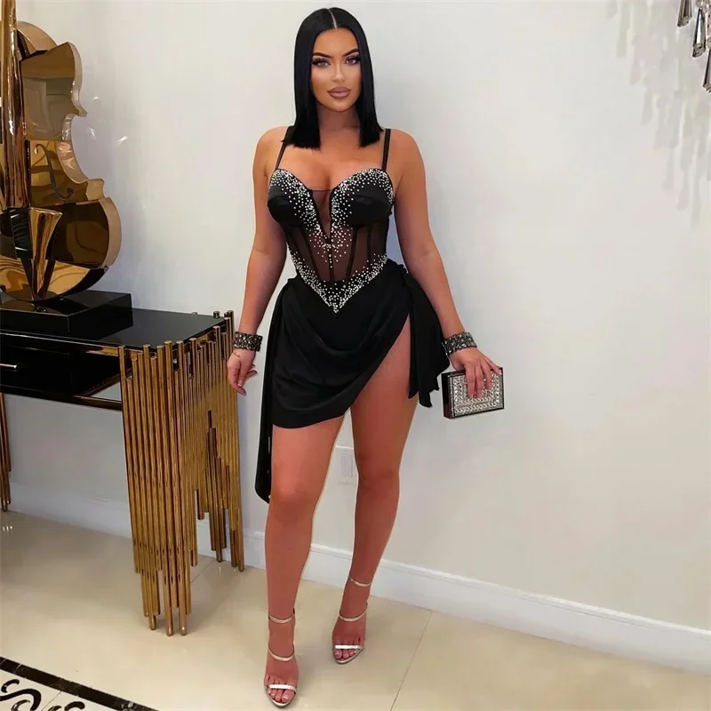 Doyerl Mesh Patchwork See Through Birthday Dress Women Sexy Luxury Diamonds Side Slit Ruched Night Club Party Cocktail Dresses