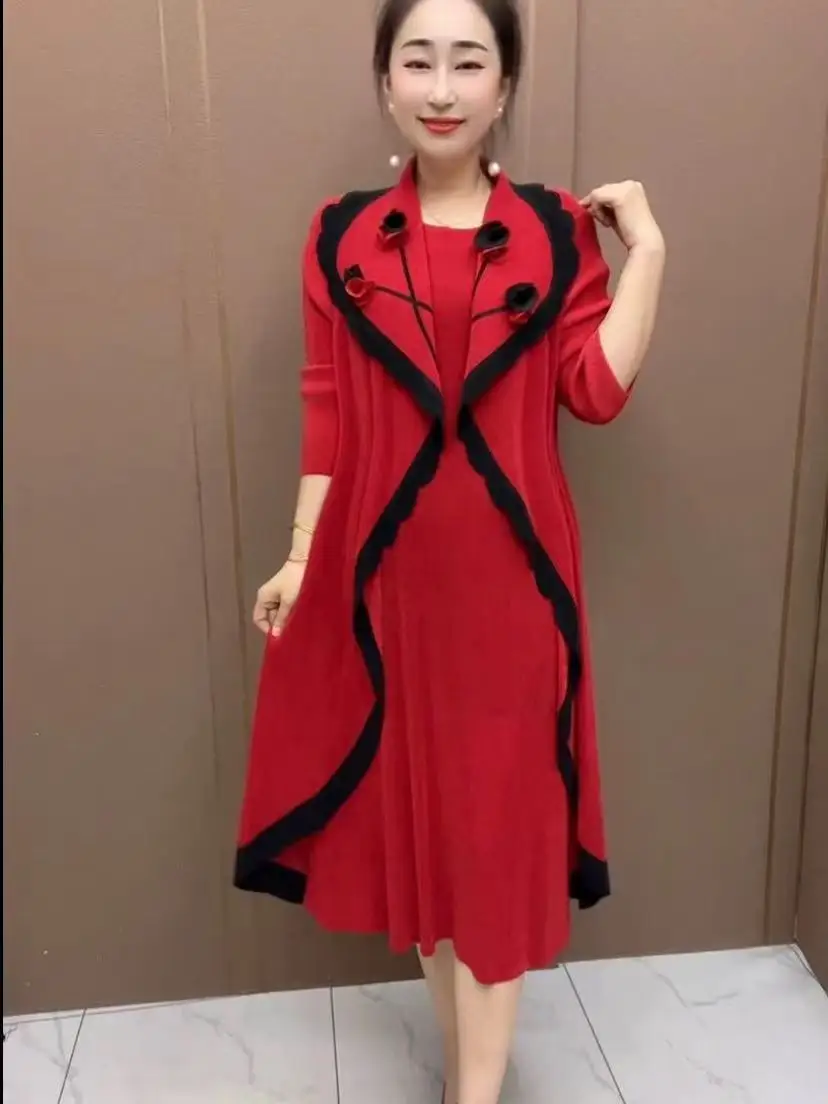 Damska spódnica w stylu casual chic, długa, na wiosnę i jesień, z wysokim stanem, w kształcie litery A, składana, luźna, z nadrukiem kwiatowym.