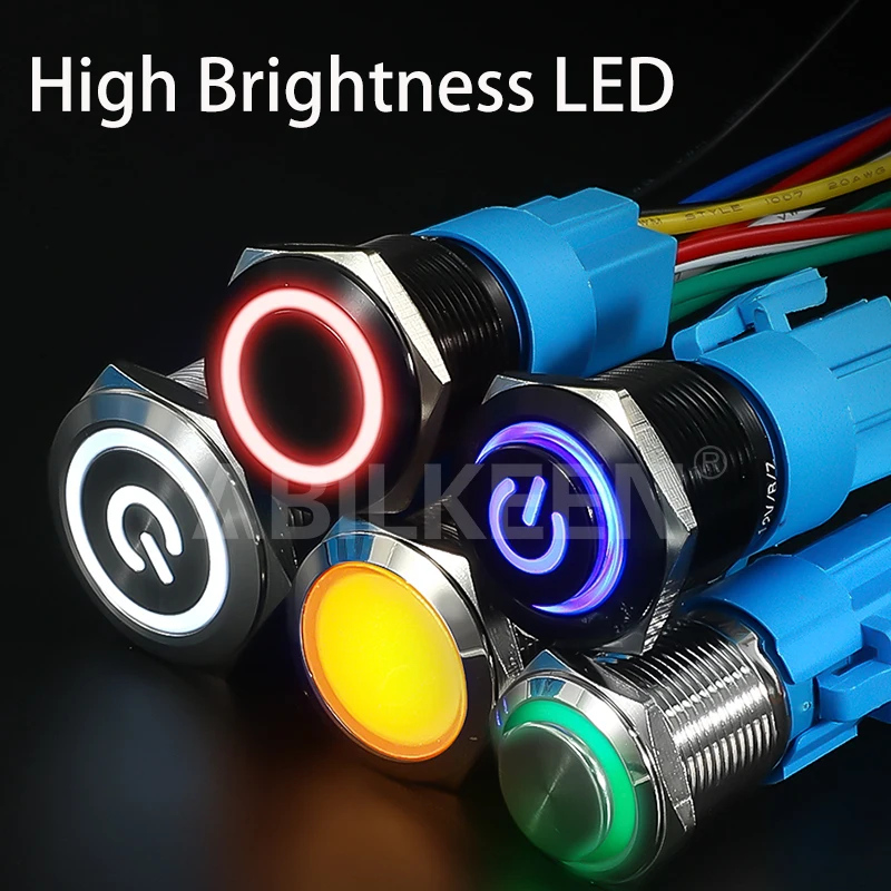 E 10PCS Tri-color 12V 16mm 19MM 22mm Bi-color led switch Momentary ON OFF Latching Waterproof  Metal RGB Push Button Switch