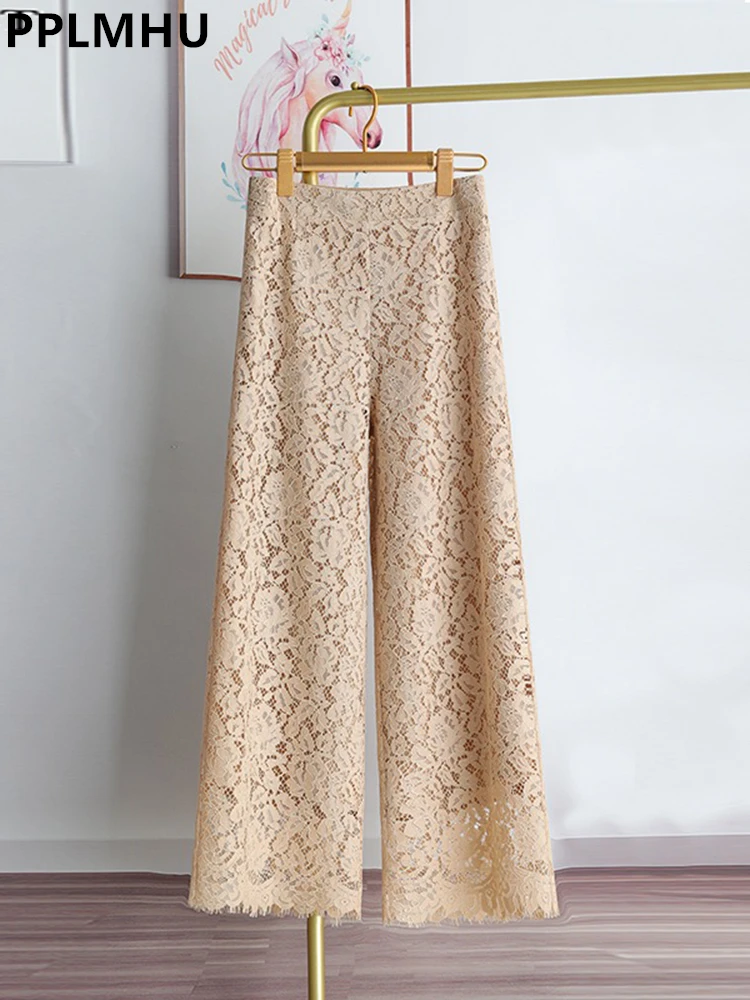 Summer Lace Wide Leg Pants Women Casual Pantalones Loose Hollow Out Trousers High Waist Ankle-length Broek Streetwear Spodnie