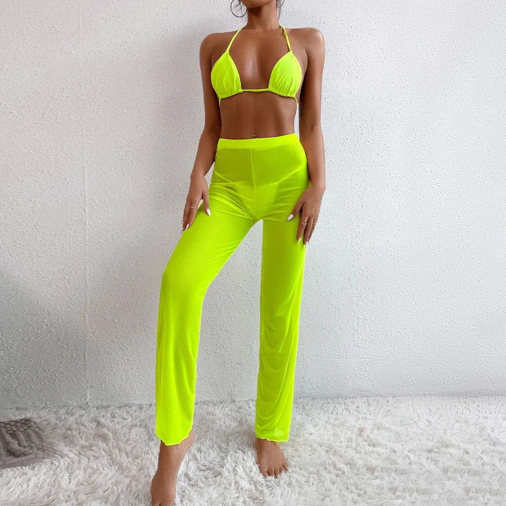 Conjunto de Bikini de tres piezas para mujer, traje de baño con cuello Halter, pantalones transparentes con ajuste de cuerda, microbañador triangular, ropa de playa para verano, 2023