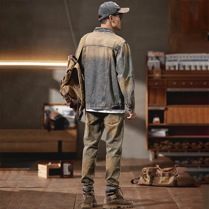 High quality European and American casual denim suit men's high street retro loose jacket plus size workwear set  men clothing