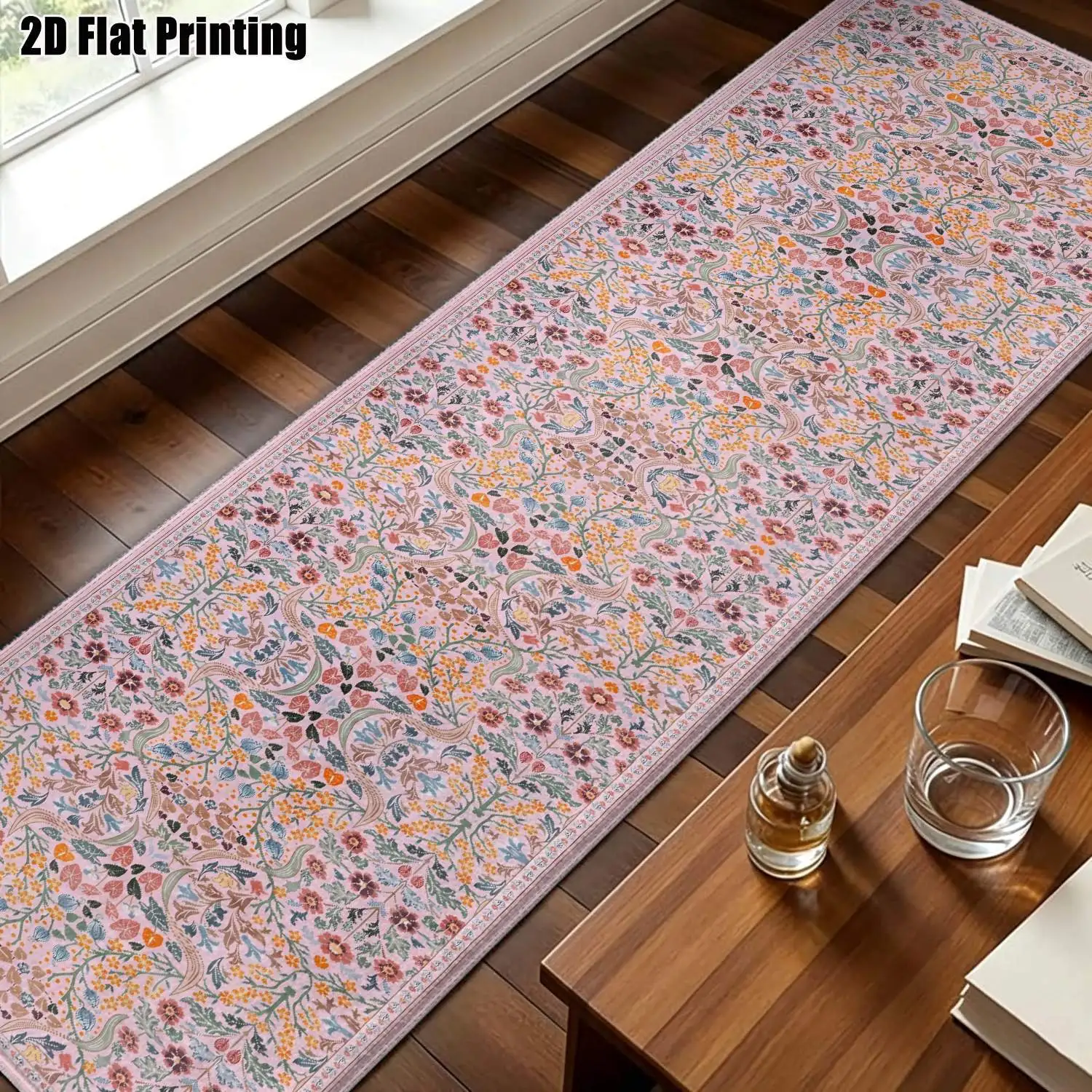 1Pc 2D Printed Strip Runner Rug with Pink Yellow Flower Patterns Nordic, Instagram-Inspired, Modern Minimalist, European Geometric Striped Style, Machine Washable, Suitable for Entryway, Hallway, Living Room, Bedroom Home Decor.