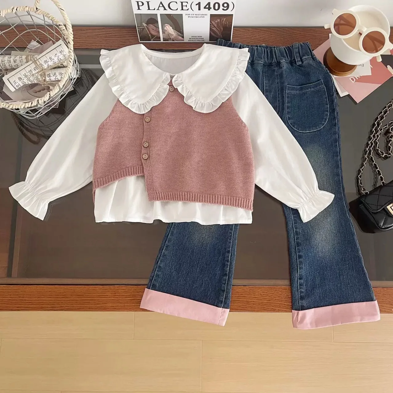 Girls trousers suit foreign 2025 spring and autumn new children Korean jumper waistcoat shirt jeans three-piece suit 90-140cm