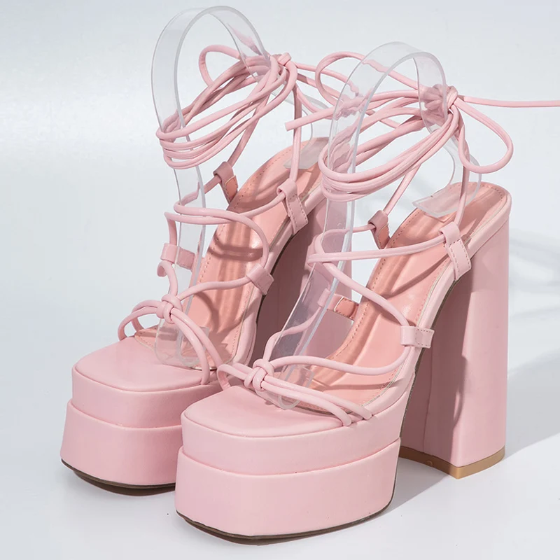 Sexy Open Toe Narrow Band Platform High Heels Chunky Sandals Summer White Pink Ankle Strap Women\'s Dress Shoes Sandalias