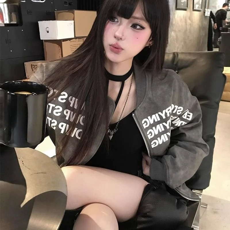 

Women's American Retro Letter Print Baseball Spring Autumn High End Korean Style Pilot Leather Trendy Fashionable