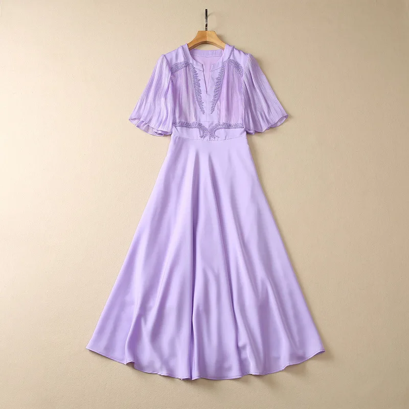 

European and American women's clothes 2023 summer new v-neck Short-sleeved heavy bead nails fashion Pleated Purple Dress XXL