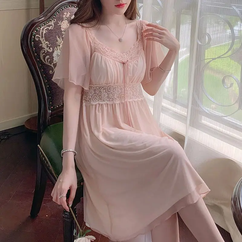 

2022 Women's Night Wear Sleeping Summer Dress Short-sleeved Sexy Lace Homewear Nightdress Vintage Women Girl Sleepwear