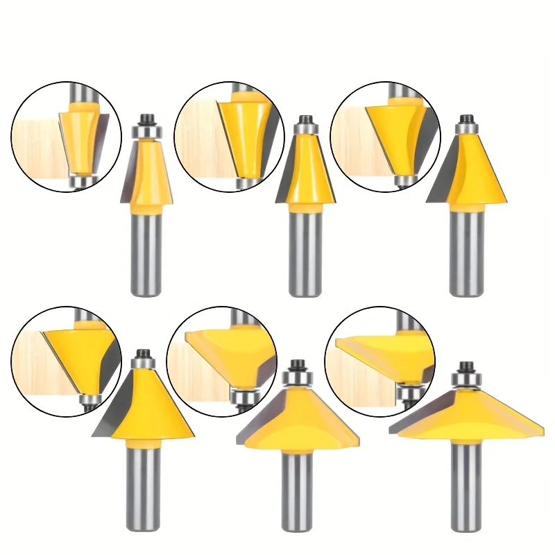 6-piece multi-angle chamfered router bit kit - Precision bevel tool for wood edge joinery, bevel joints and cabinet interiors