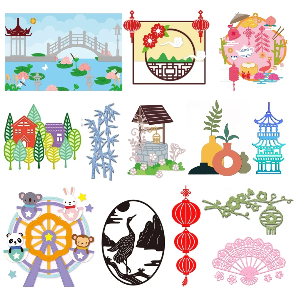 Chinese Architecture Cut Dies Oriental Style Template Lotus Flower and Pavilions Die Cuts for Card Making Scrapbooking DIY Craft