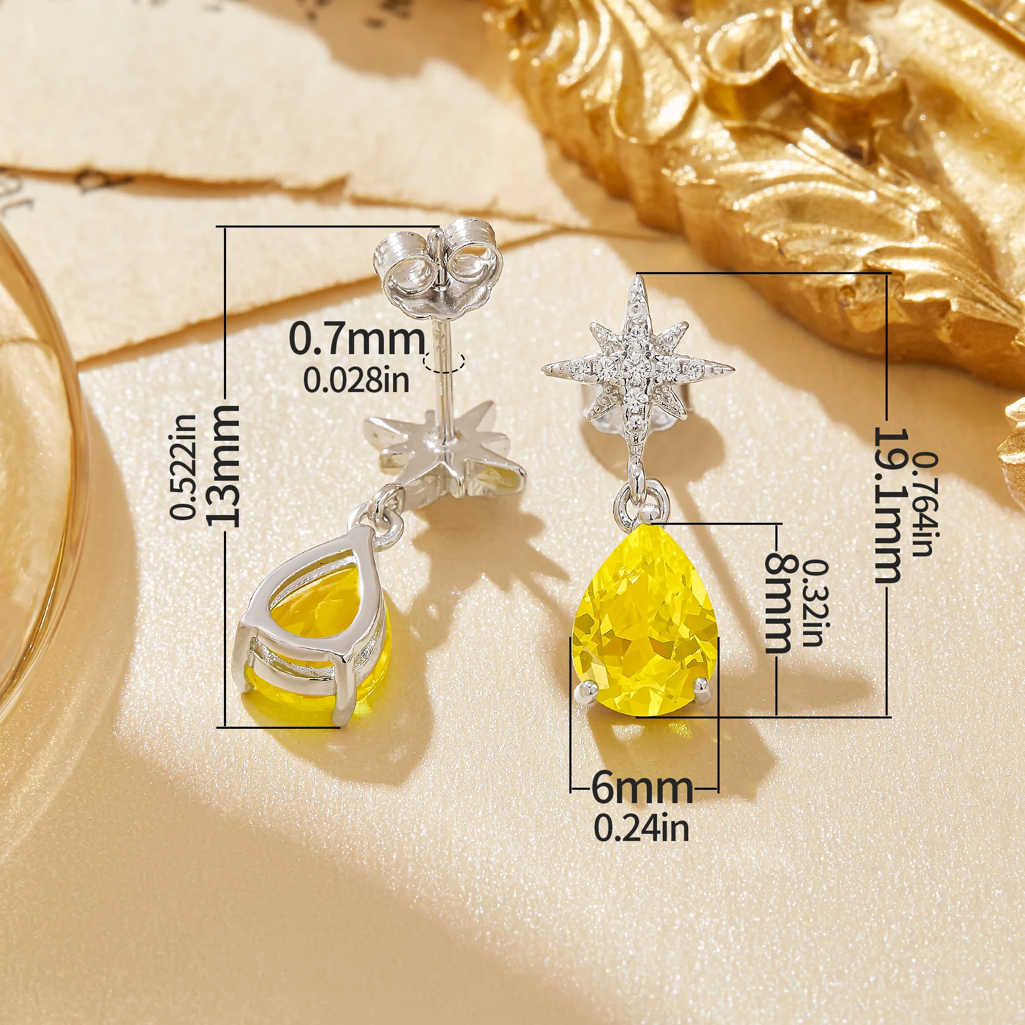 Yellow Fluorescent Star Pear Studs Earrings Solid 925 Sterling Silver Earrings Personality Charm Woman Exquisite Jewelry 6330015