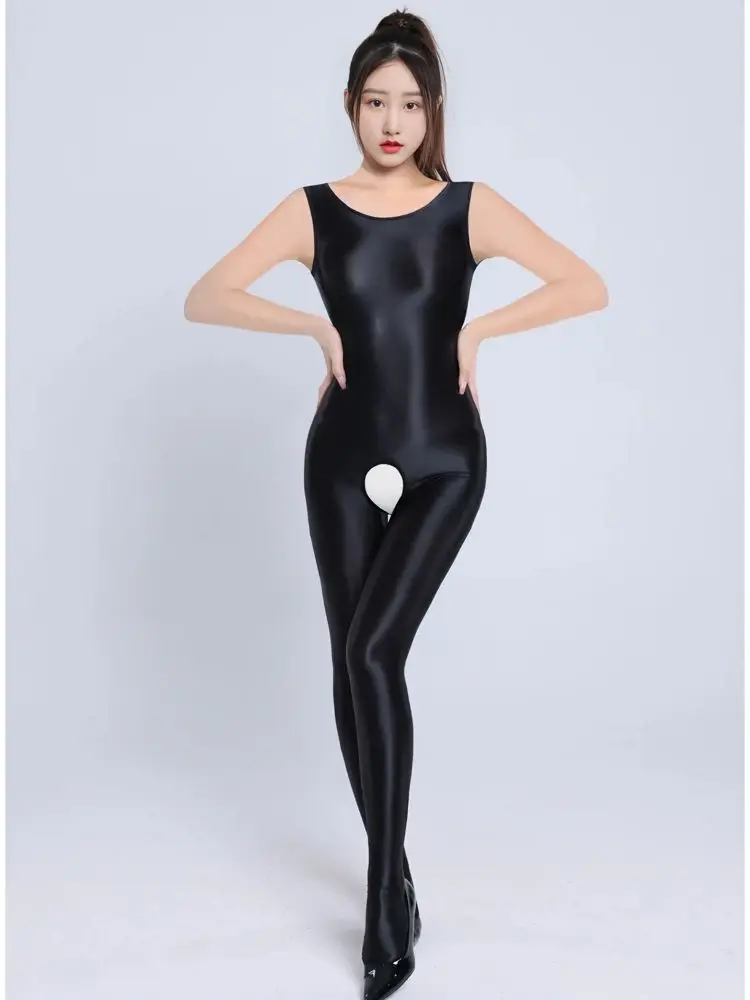 

M XL Unisex Sleeveless Shiny Bodystocking Catsuit Close Open Crotch Bodysuit Tights Sexy Transparent Leotard Conjoined Lingerie