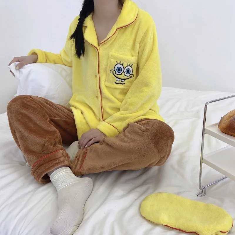 

Милая фланелевая Домашняя одежда Spongbob для осени и зимы, желтая, розовая Морская звезда, женские пижамы, Мужские штаны, теплый домашний костюм с героями мультфильмов