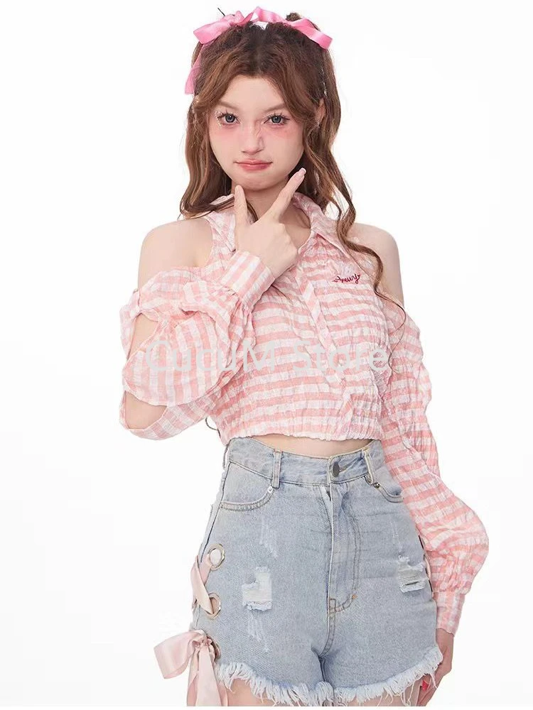 2000s Harajuku Japanese Sweet Bow Shirt Kawaii Plaid Fashion Y2k E-Girl Blouse Casual Cute Crop Tops Woman 2024 New