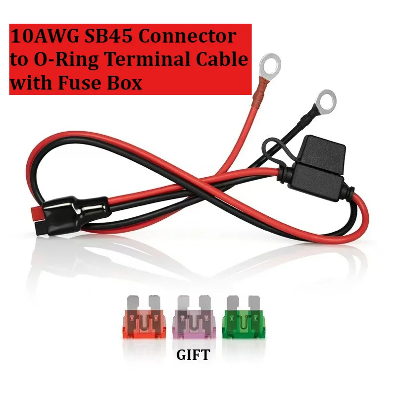 10AWG 45A High‑Current Connector to M6/M8/M10 O‑Ring Terminal Cable with Built‑in Fuse Box Battery Wire for Solar Power System