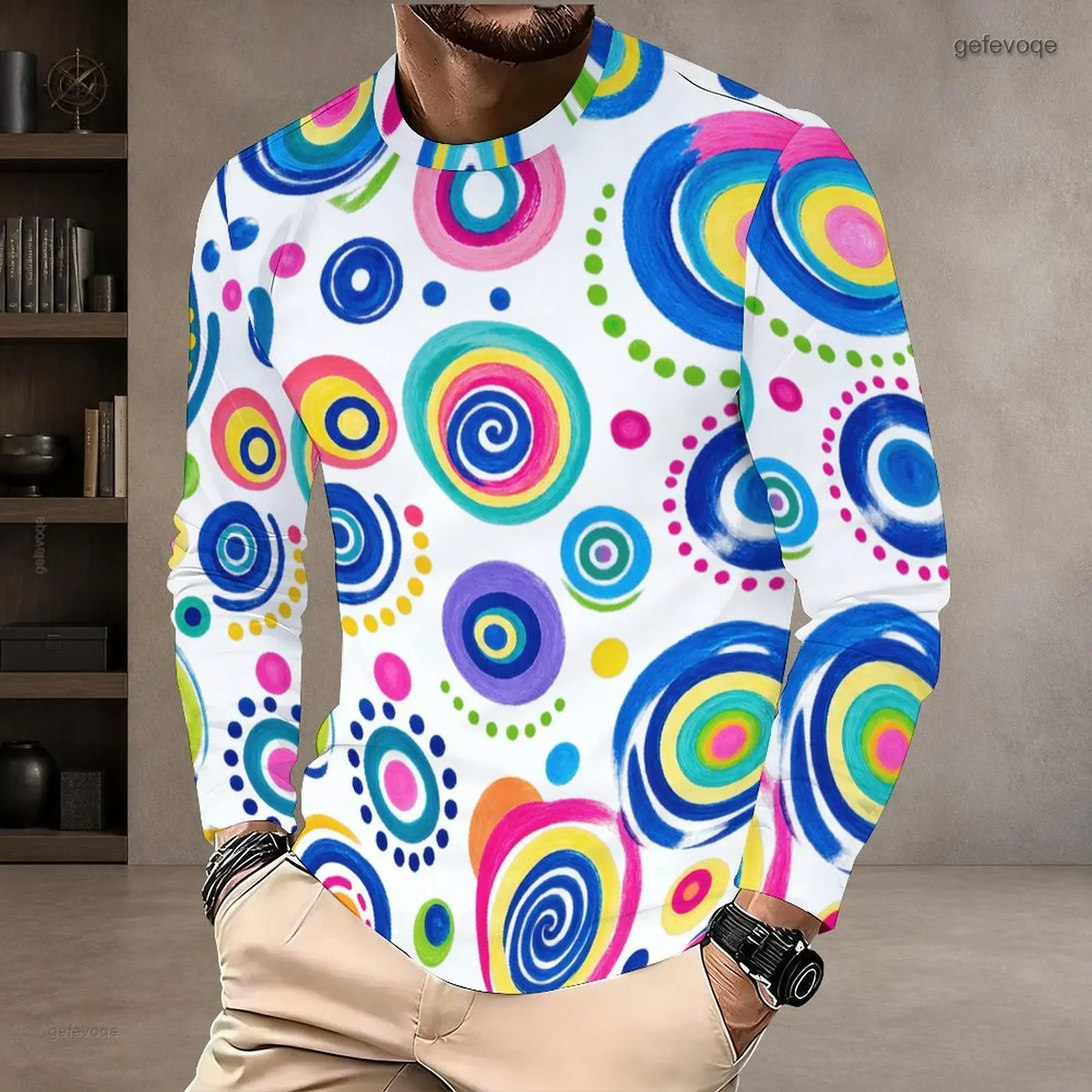 Men Printed Colorful Swirl Circle Dot Pattern Round Neck Long Sleeve T-Shirt