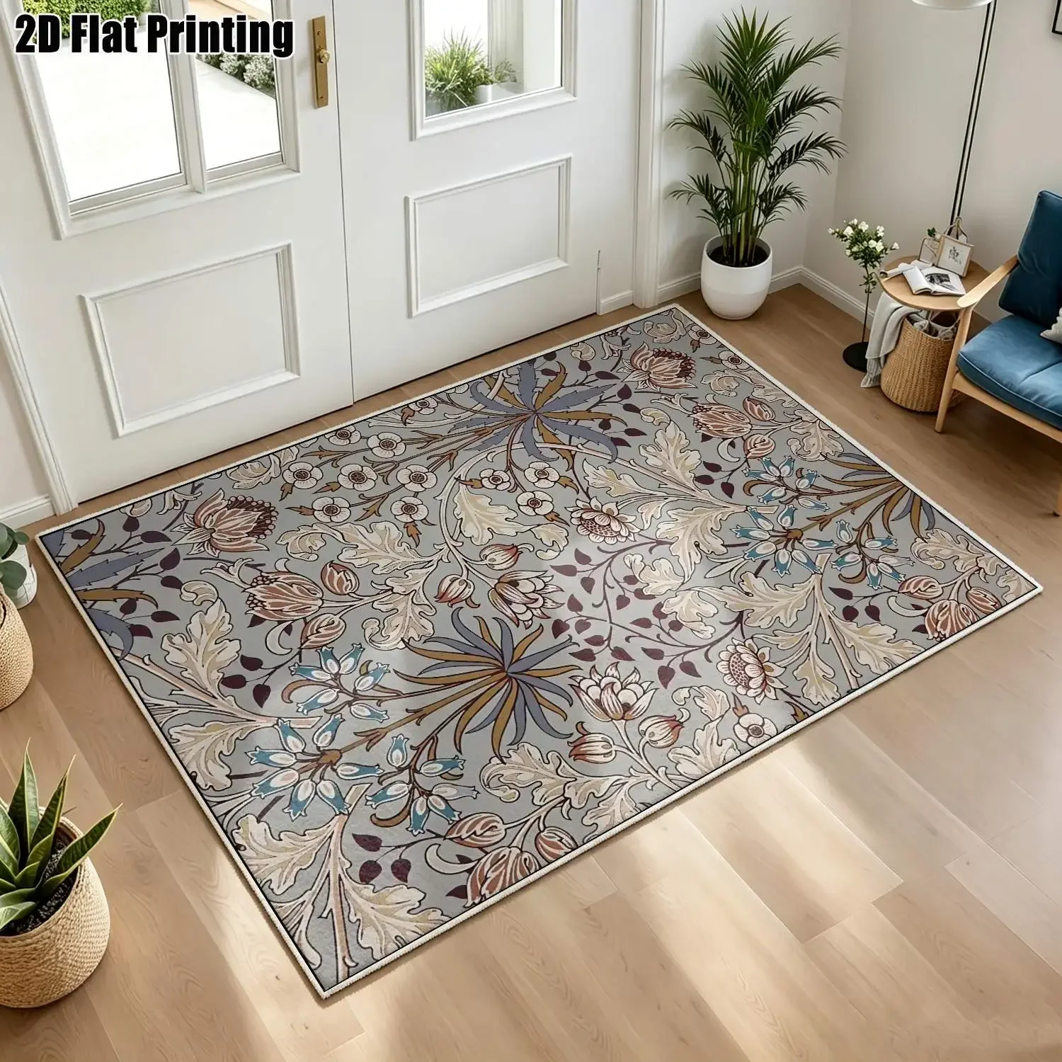 1Pc 2D Printed Velvet Carpet, Retro Blue-Gray Floral Pattern European Vintage Boho Rug for Home Decor, Multi-Size, Machine Washa