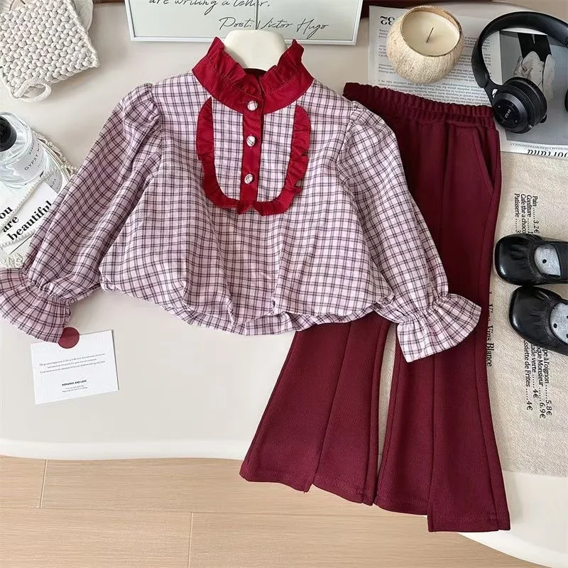 2025 Spring New Korean Version Of Girls Long-sleeved Top Retro Baby Girl Trousers Plaid Shirt Two-piece Set Kids Outfits