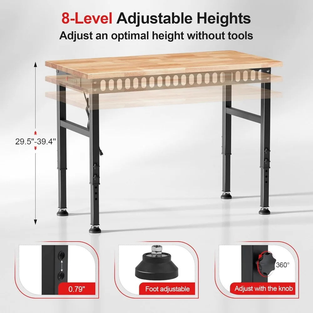 منضدة عمل قابلة للتعديل بسعة 2000 رطل للخدمة الشاقة مع منافذ طاقة، سطح خشبي مطاطي لاستخدام المرآب ورشة العمل