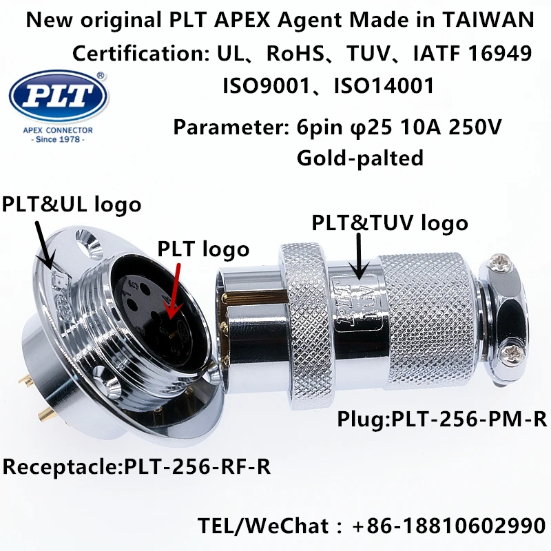 PLT-256-RF-R PLT-256-PM-R APEX 6pin Male Plug Female Socket φ25 Circular Aviation Wire Pane Connector Made in TAIWAN RoHS UL TUV