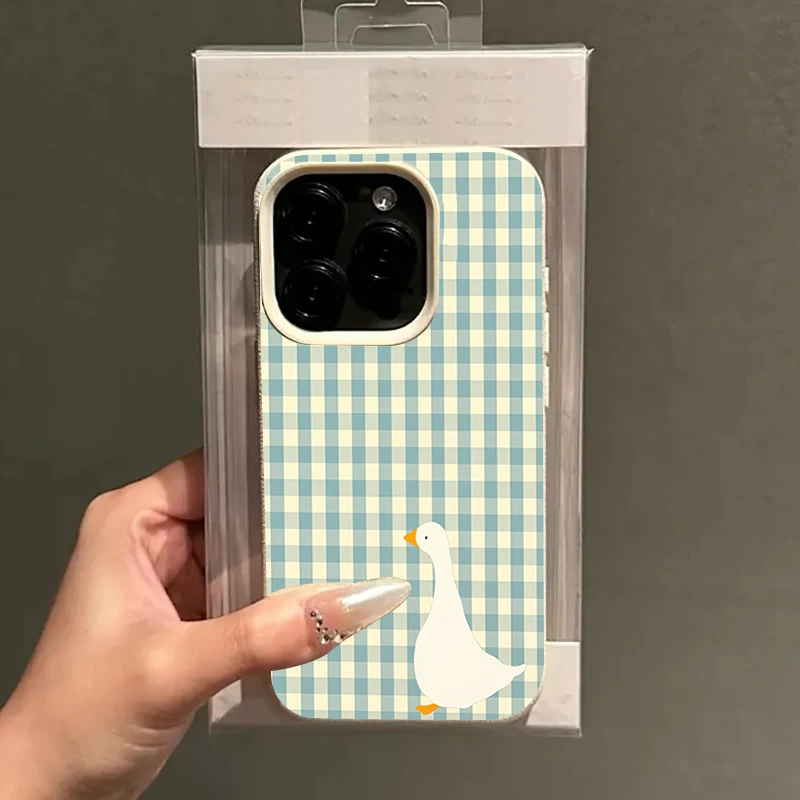 Grid Duck Pattern Lychee Texture Silicone Phone Case For iPhone 17 Pro Max 11 12 13 14 15 16 Pro 15 Plus 17 Air Soft Cover