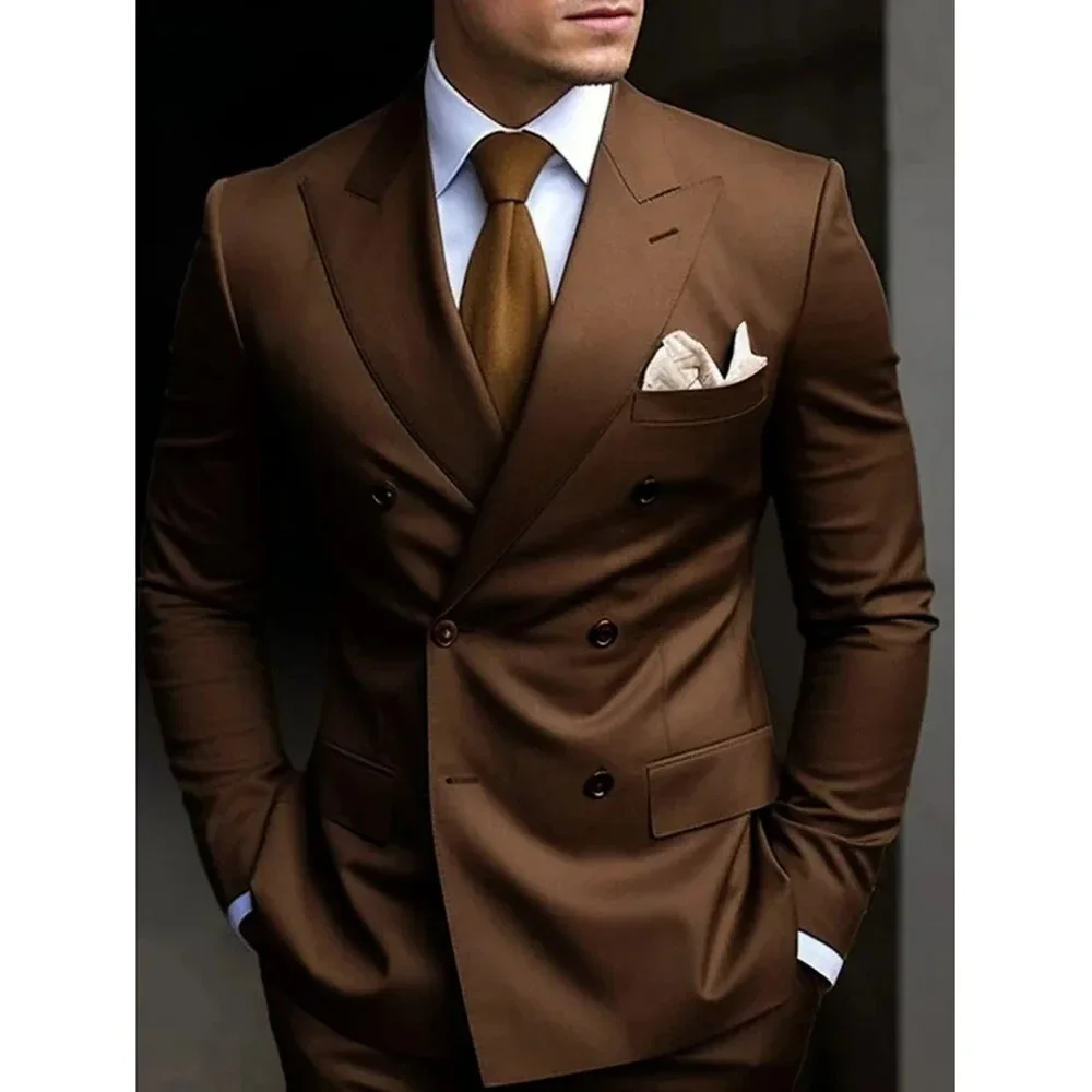 

High Quality Brown Men's Suits Double Breasted Bespoke Double Breasted Peaked Lapel Formal Blazer Slim Fit 2 Piece Jacket Pants