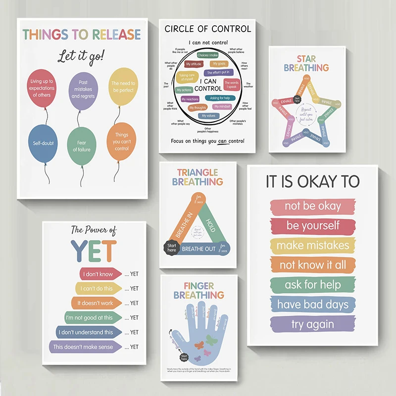 Kids Mental Health Learning Posters Therapy Breathing Calming Corner Prints Canvas Painting Wall Pictures Home Living Room Decor
