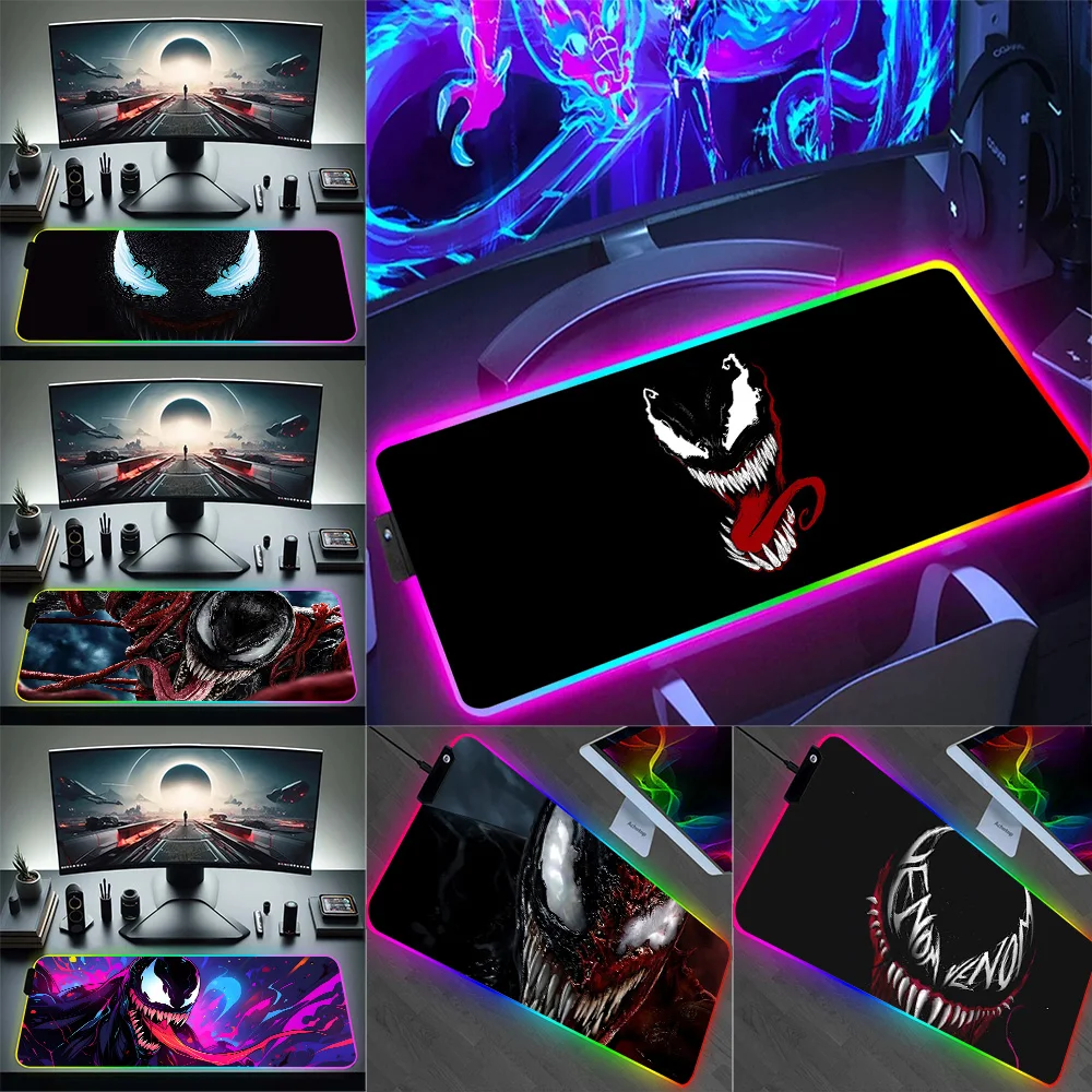 

Hot Cool Marvels Venom Colorful RGB Pc Gamer Keyboard Mouse Pad Mousepad LED Glowing Mouse Mats Rubber Gaming Computer Mausepad