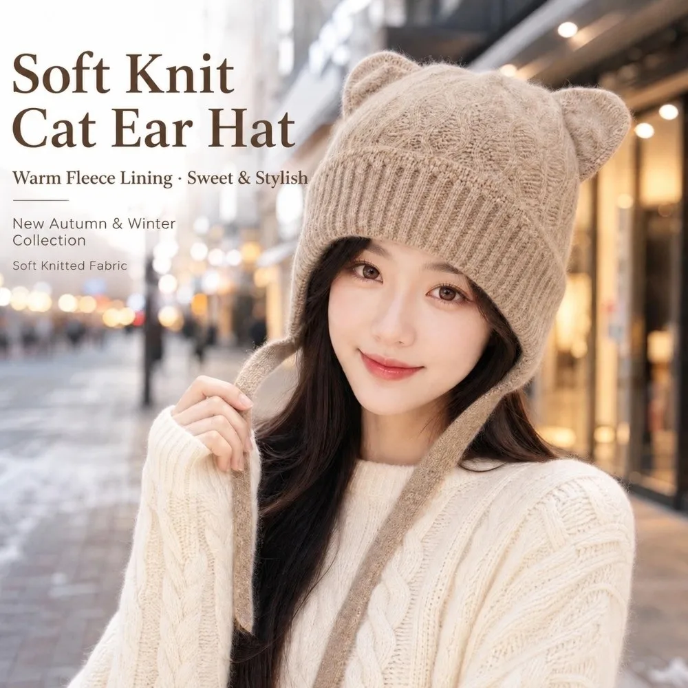 Windproof Cat Ear Knit Hat Warm Knitted 3D Cat Ear Soft Beanie Skin Friendly Stretchy Fit Head Cover Cold Weather Daily Wear