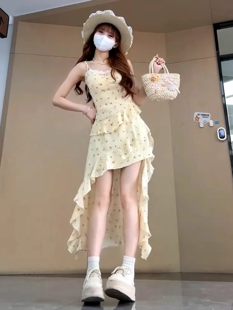 Summer New Yellow off oulder Floral Print Maxi Dr Irregular Hemline Women's Holiday Wear High Waist Svel Gown