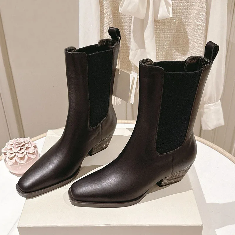 

Женские ботильоны с эластичной лентой, ботинки из натуральной кожи, декор из бисера, короткие ботинки на квадратном каблуке, весенне-осенние ботинки челси