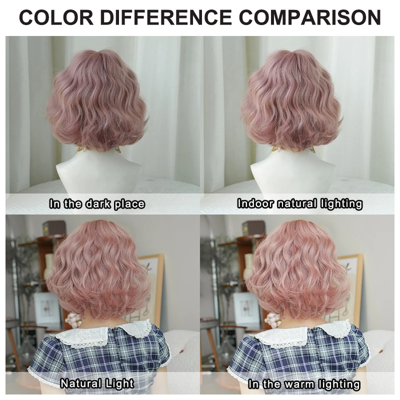 NAMM Short Bob Peach Pink Wig Wavy Wigs with Bangs Natural Synthetic for Women Daily Cosplay Wig Heat Resistant Fiber Wigs