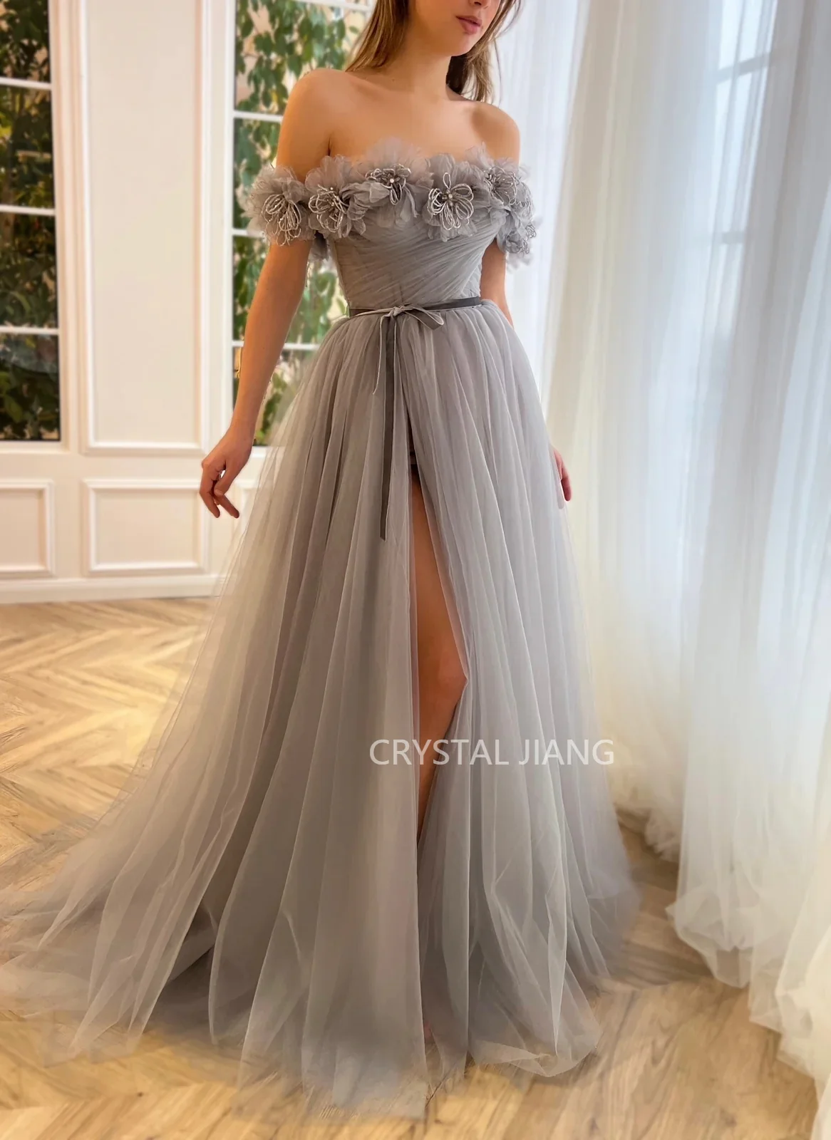 Long Grey Prom Dresses Off the Shoulder Tulle Handmade Flowers A Line Silhouette Floor Length Dresses for Special Events