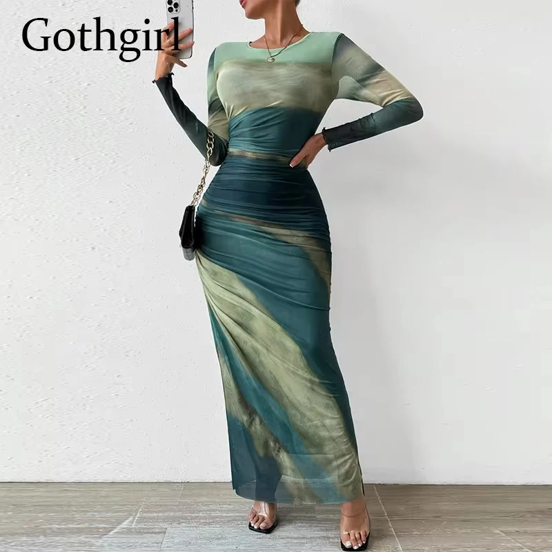 

Gothgirl Sexy Tie Dye Mesh See Through Folds Dress Women O Neck Long Sleeve Folds Midi Dresses Slim Bodycon Office Lady Clothing