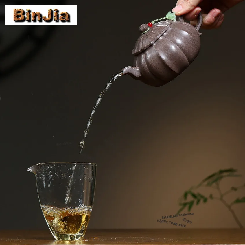 250ml Vintage Yixing Purple Clay Teapots Handmade Rib Persimmon Round Pot Raw Ore Livid Section Mud Kettle Zisha Tea Set Craft