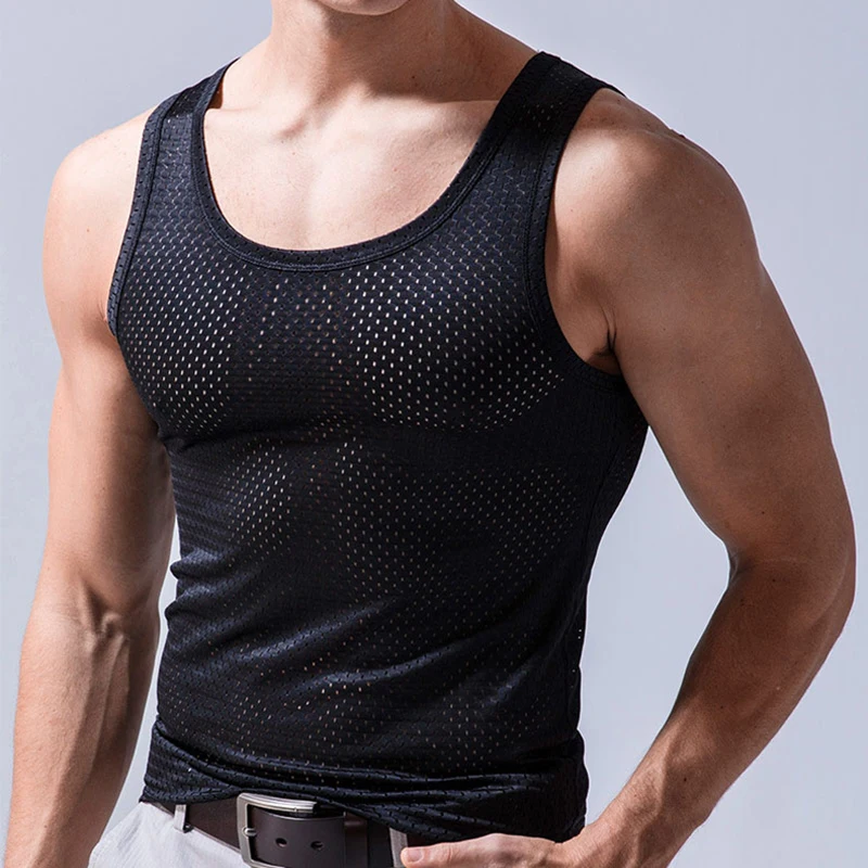 

Summer Men Ice Silk Tank Top Underwear Man Vest Undershirt Mesh Holes Shirts Male Workout Sleeveless Breathable Singlets T-Shirt