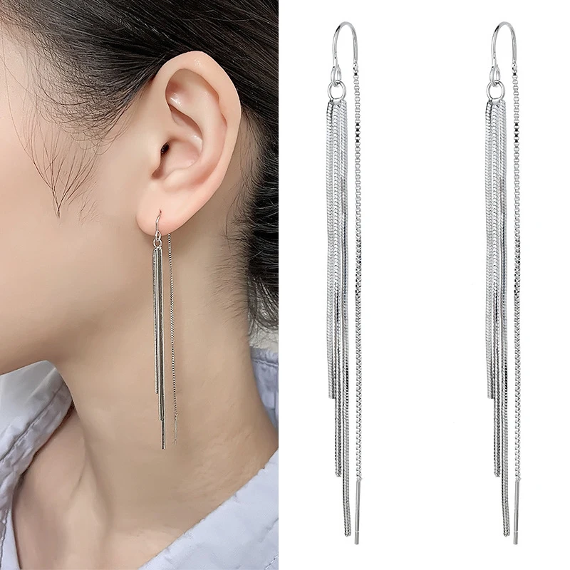 Winoneday 1Pair Silver Color U-shaped Long Tassel Ear Line Earrings for Women Temperament Snake Bone Chains Jewelry