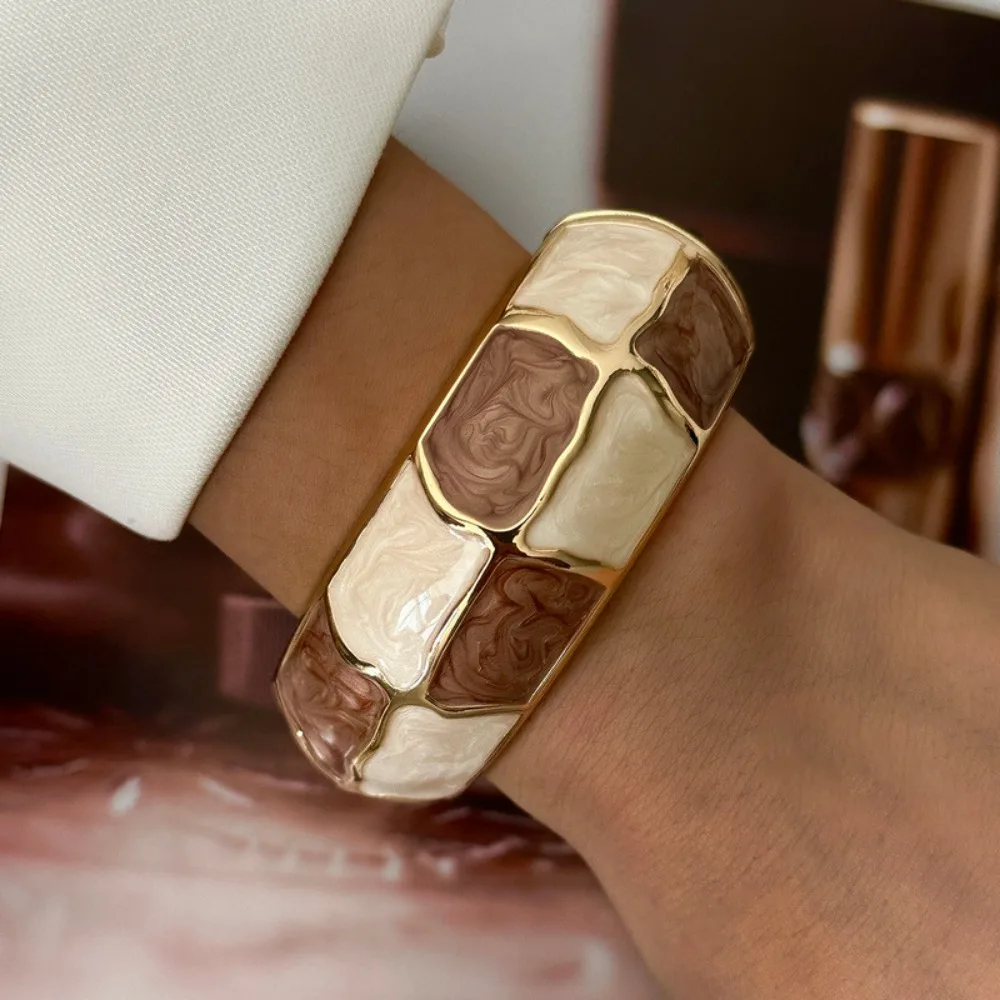 Drip Glaze Vintage Coffee Brown Enamel Wide Cuff Bracelet Stacking Geometric Striped Floral Inlaid Stone Bangle Zinc Alloy