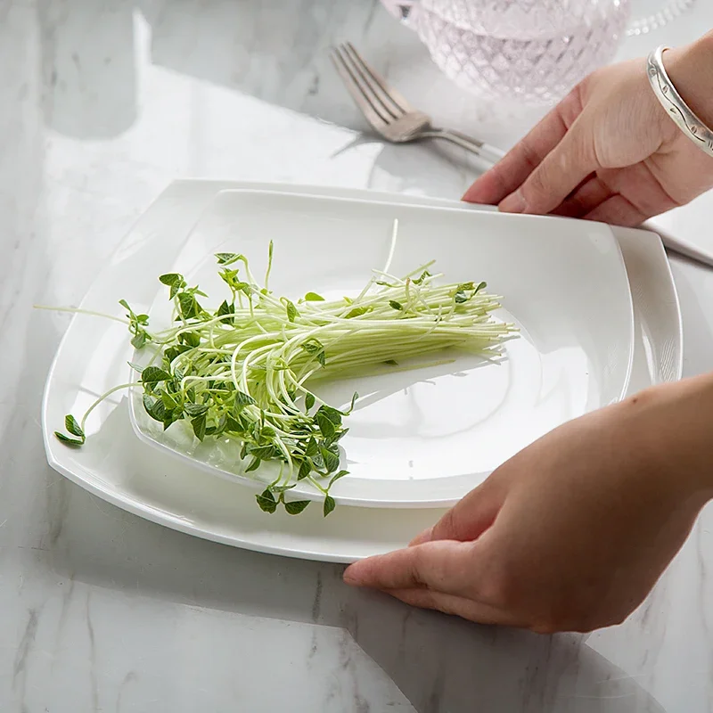 

10.5 Inch, Bone China Square Dish, White Ceramic Plate for Steak / Soup, Buffet Serving Trays, Novalty Dinner Plate, Rectangle